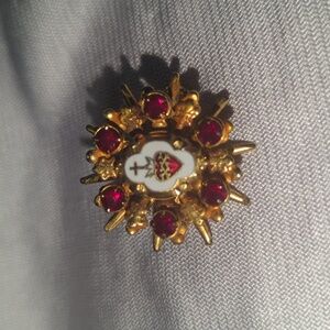 Vintage sacred (Heart Of Jesus) Catholic red rhinestone brouch pin.1.25"